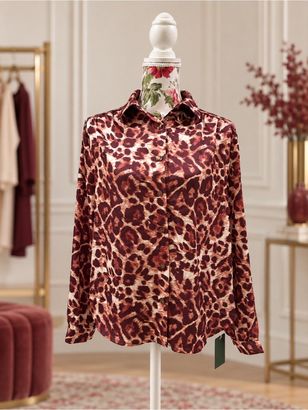 HALARA Leopard Print Satin Button-Down Shirt - Burgundy & Cream